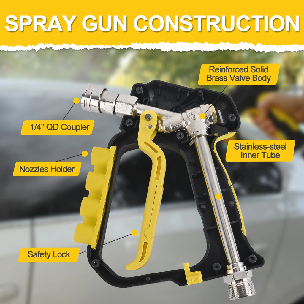 High Pressure Washer Short Spray Gun  Max 5000 PSI with Inlet M22-ID14mm & Outlet 1/4” Quick Connector & Nozzle Tips Holder