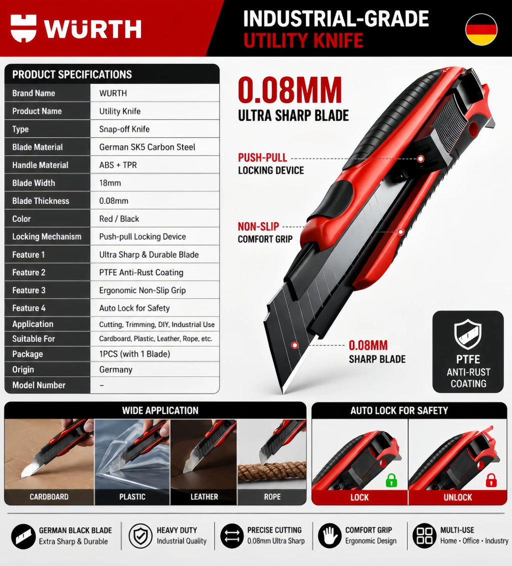 Original Wurth Utility Knife Heavy Duty Box Cutter Retractable Razor Knife Industrial Hand Tool
