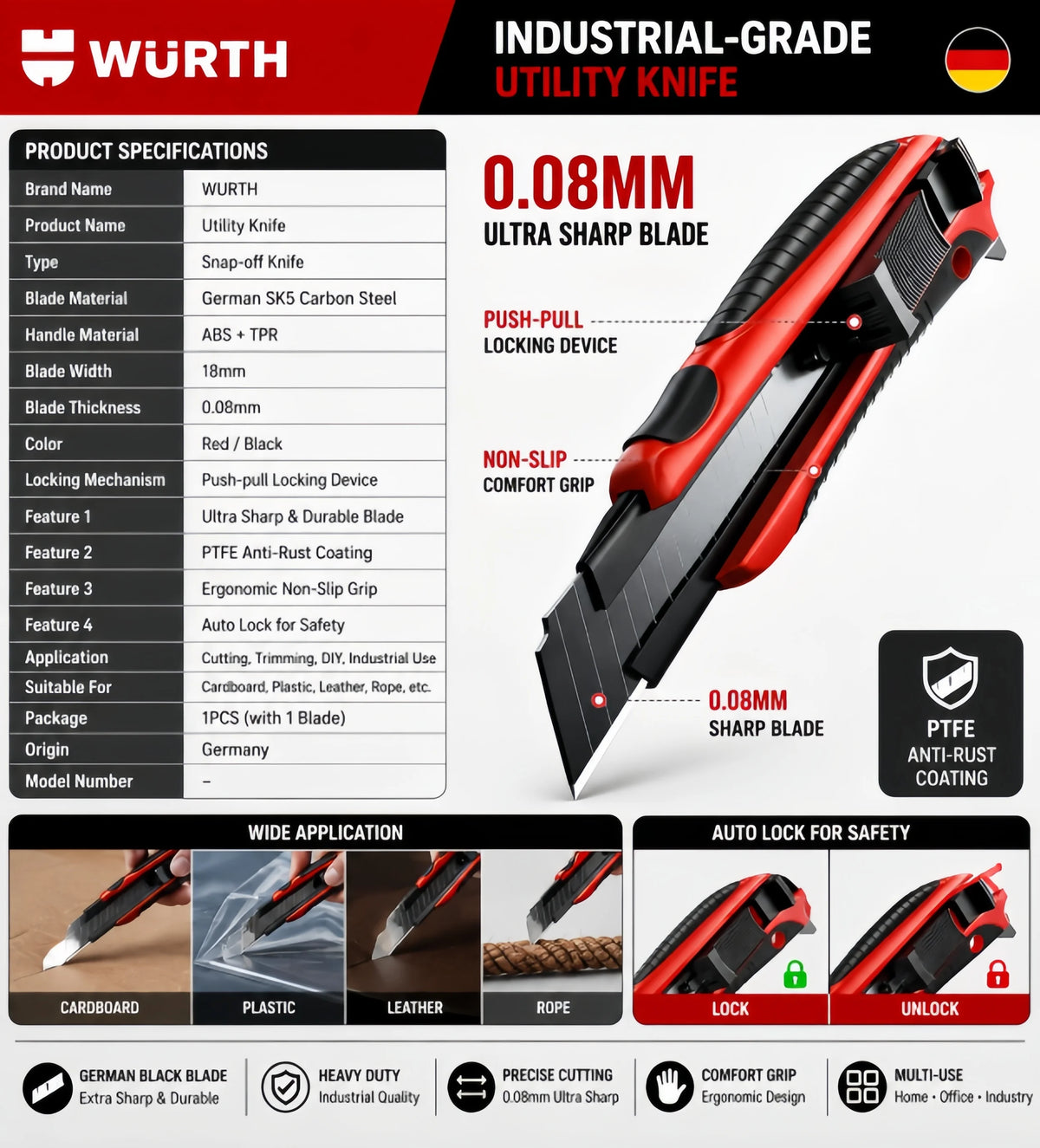 Original Wurth Utility Knife Heavy Duty Box Cutter Retractable Razor Knife Industrial Hand Tool