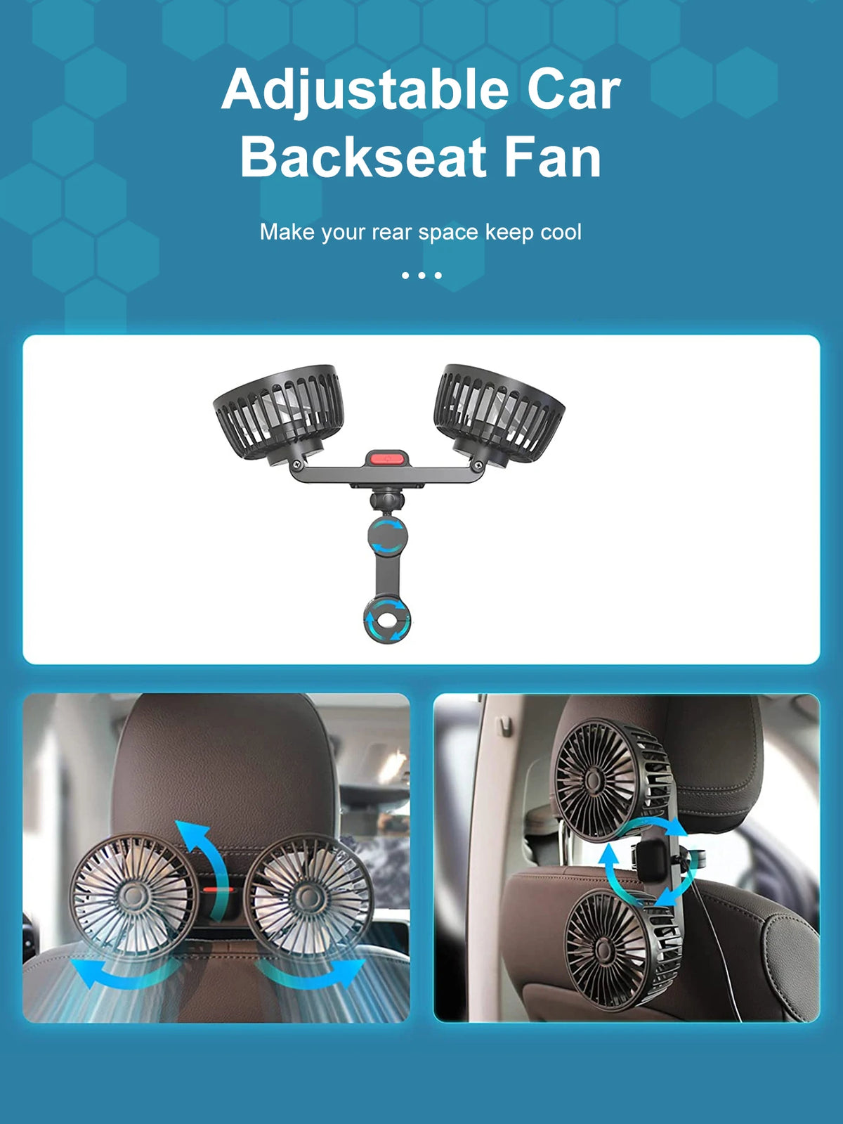 Dual Head Car Seat Back Cooling Fan, USB, 3-Speed, 360° Rotation