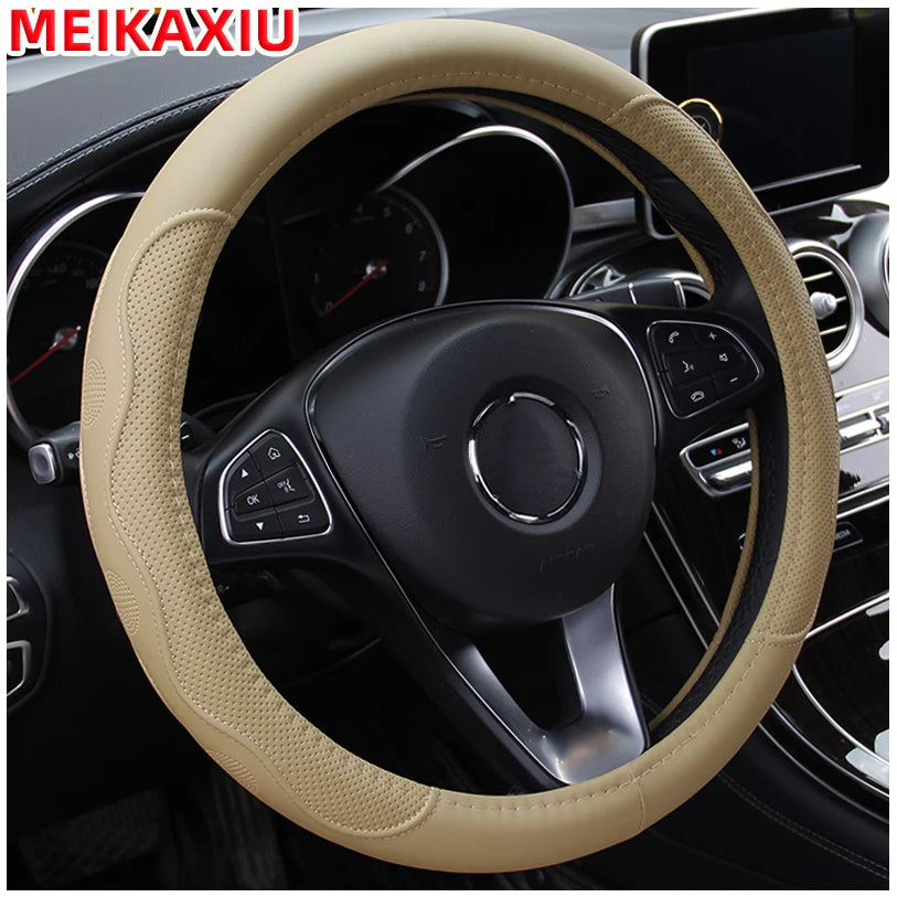 38 cm Embossed PU Leather Steering Wheel Cover with Inner Ring