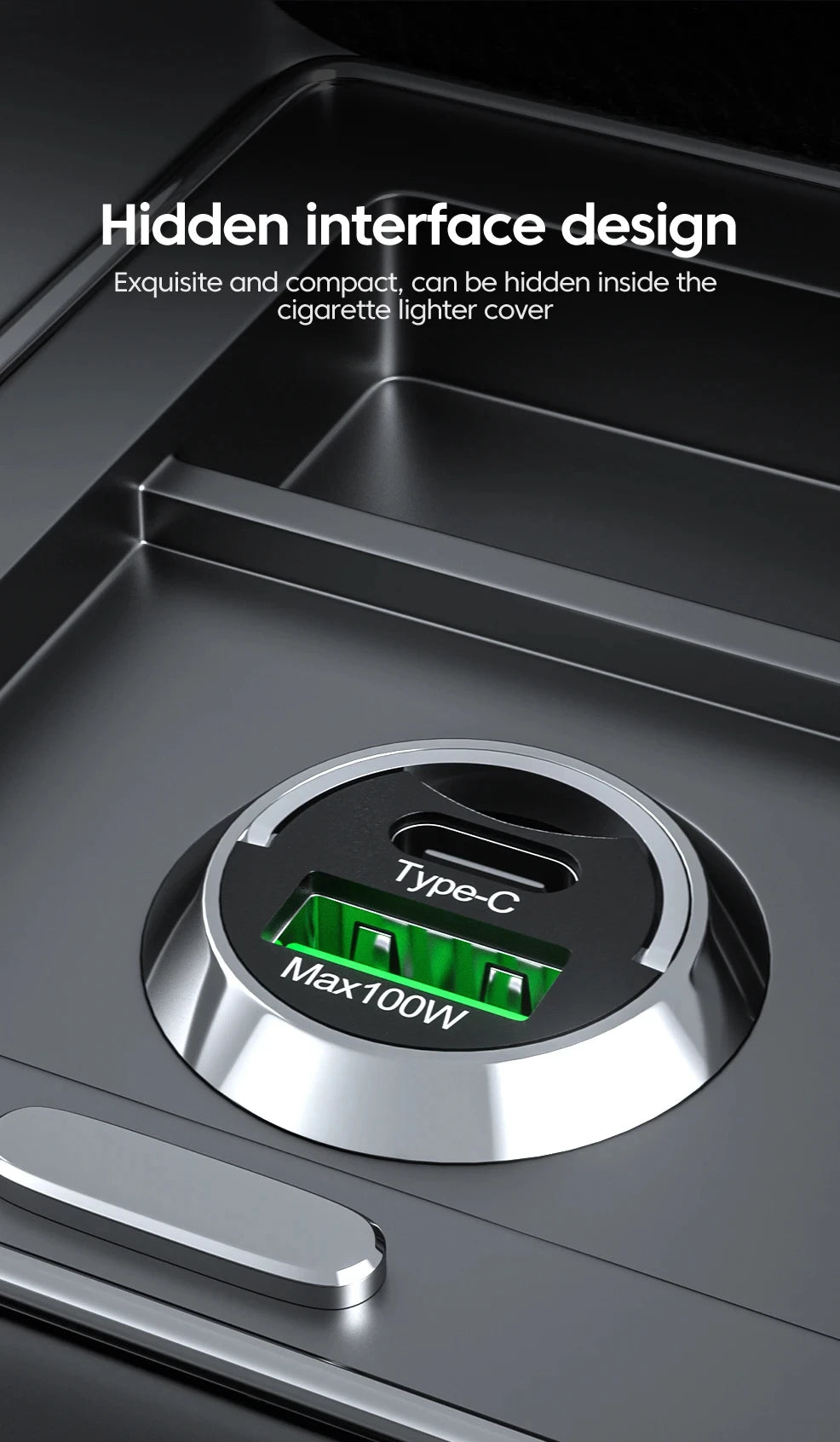 Mini Dual-Port USB and Type-C Car Charger with Pull Ring