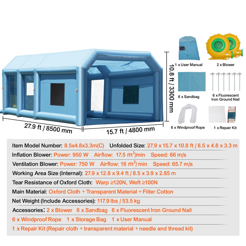 Inflatable Portable Car Paint Spray Booth with Blowers and Air Filter