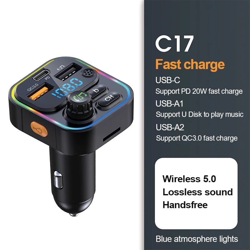 Bluetooth 5.0 FM Transmitter with 22.5W USB Fast Charger & MP3 Player