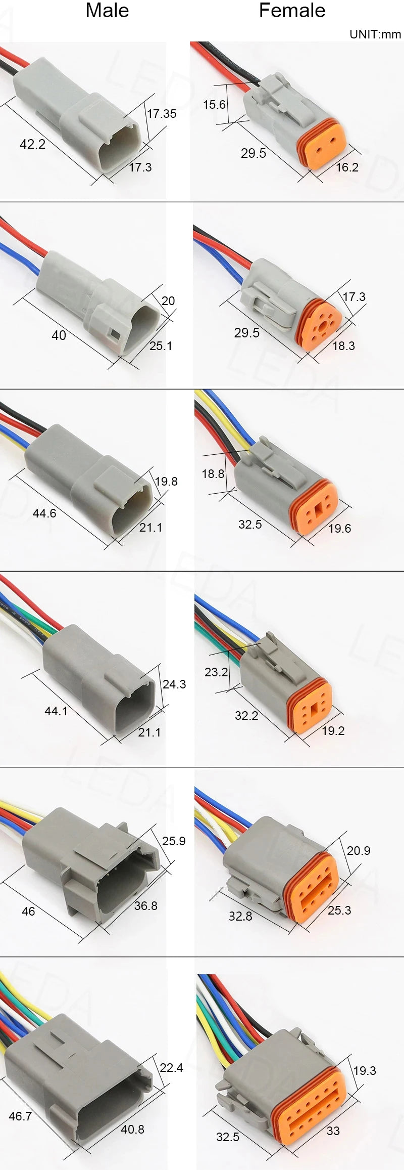 DT Waterproof Wire Connector with 15cm Leads, 2 to 12 Pin