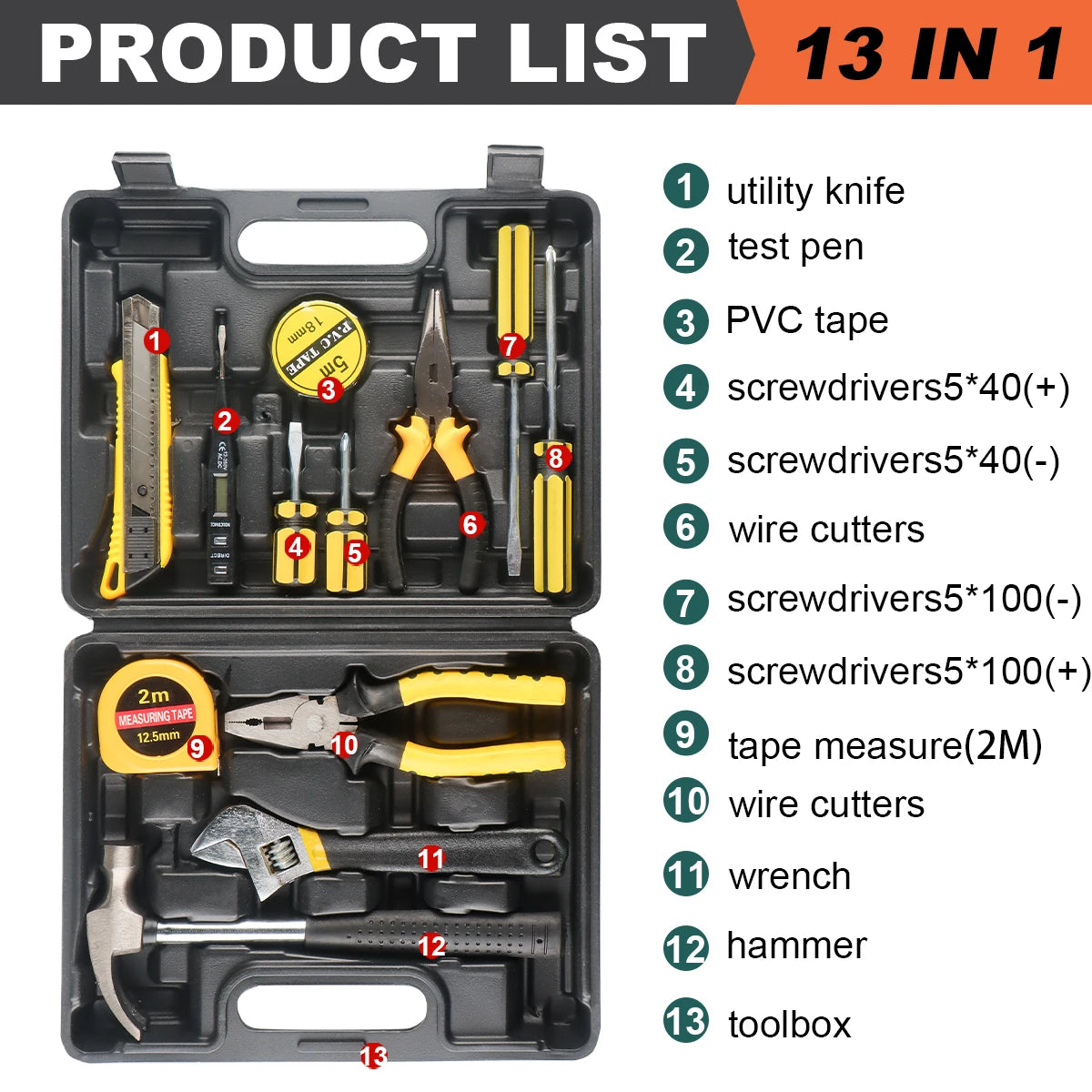 Household Hand Tool Kit 8/9/12/13 Pcs with Plastic Storage Case