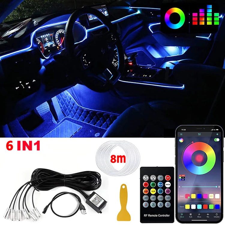 LED Car Interior Ambient Strip Lights RGB Fiber Optic Neon Kit with APP Remote Control
