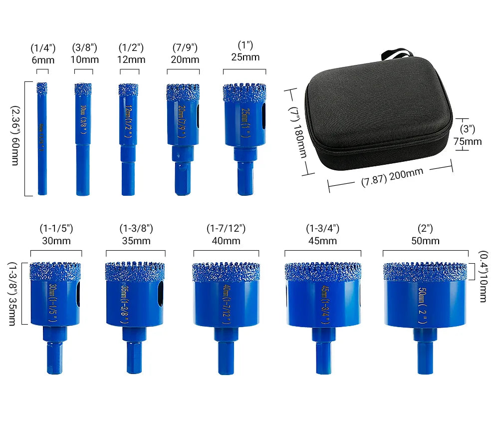 LOZLIN 10PCS Diamond Core Drill Bit Set 6-50mm Vacuum Brazed Hole Saw Kit for Porcelain Tile Ceramic Tile Granite Marble Stone Dry Drilling Cutter Tool Diamond Hole Cutter Drill Bits for Angle Grinder Hand Drill