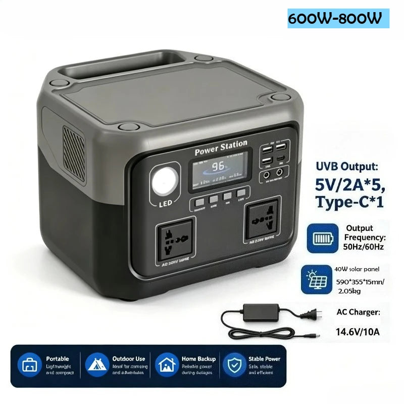 NEW 800W Portable Power Station 600W/800W 589WH Solar Generator Backup Power Bank for Outdoor Camping, Home Emergency, RV Travel