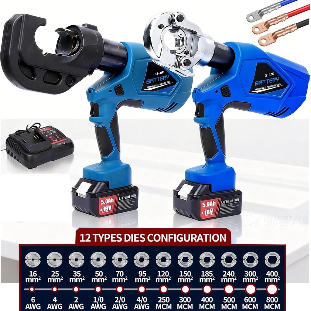 Electric hydraulic crimping tool kit with 12 dies for 6AWG to 800MCM cable lugs
