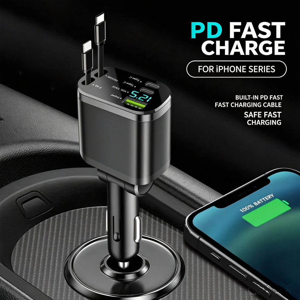 Car Charger with Digital Display and Retractable USB-C Cable