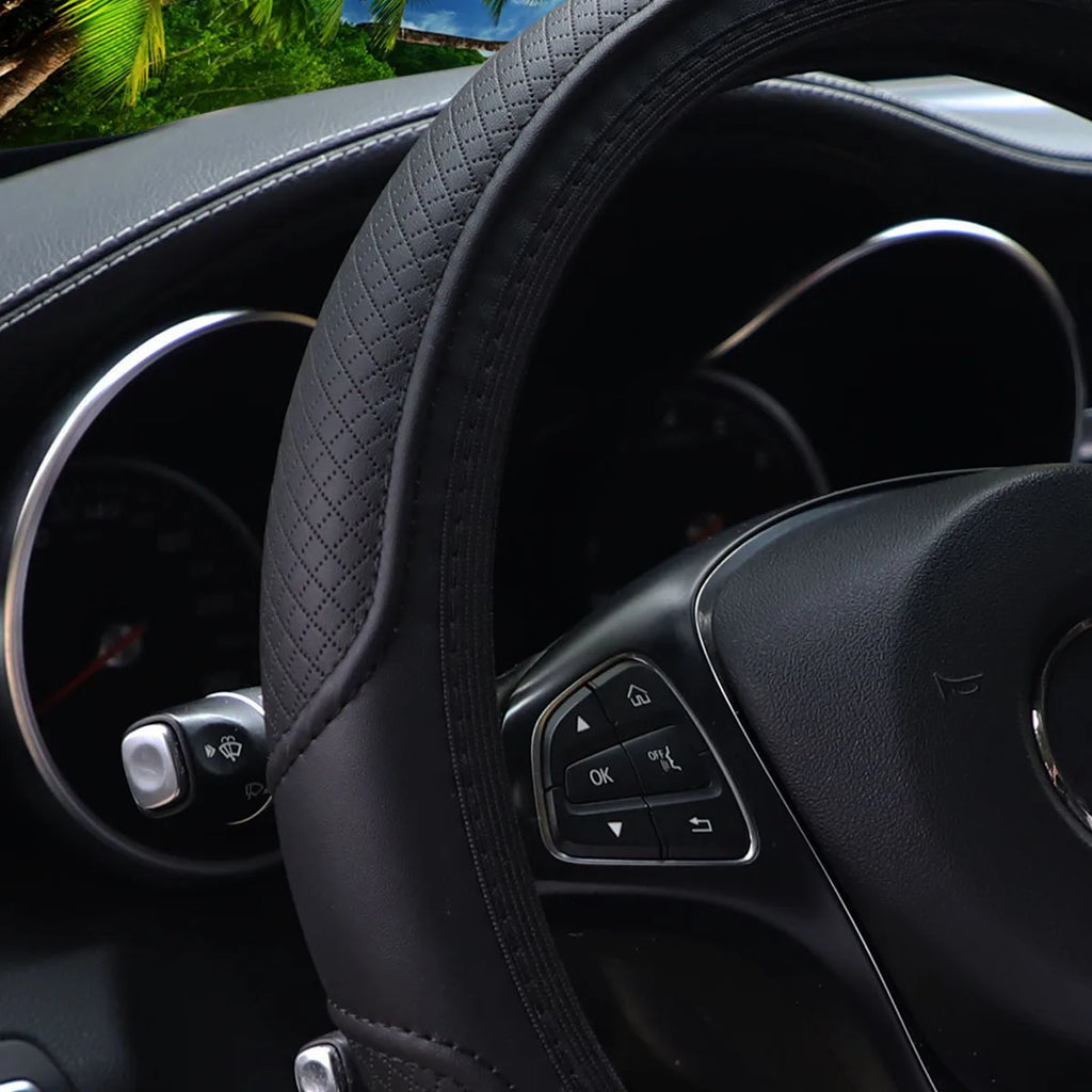 Embossed PU Leather Steering Wheel Cover, 14.5-15 Inch