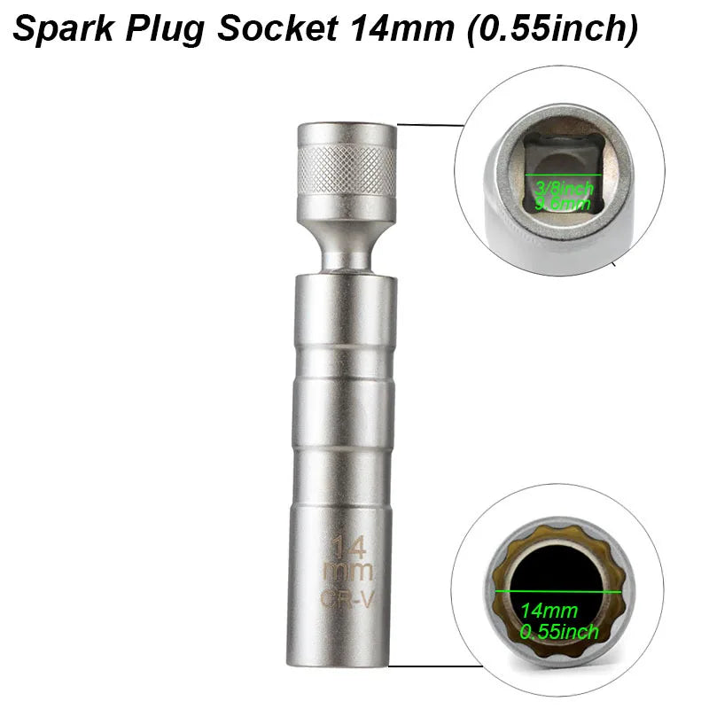 Spark Plug Socket Wrench Adapter 14mm 16mm Install Replace Repair Kit Swivel Torque Magnetic Remove Removal Gap Tool