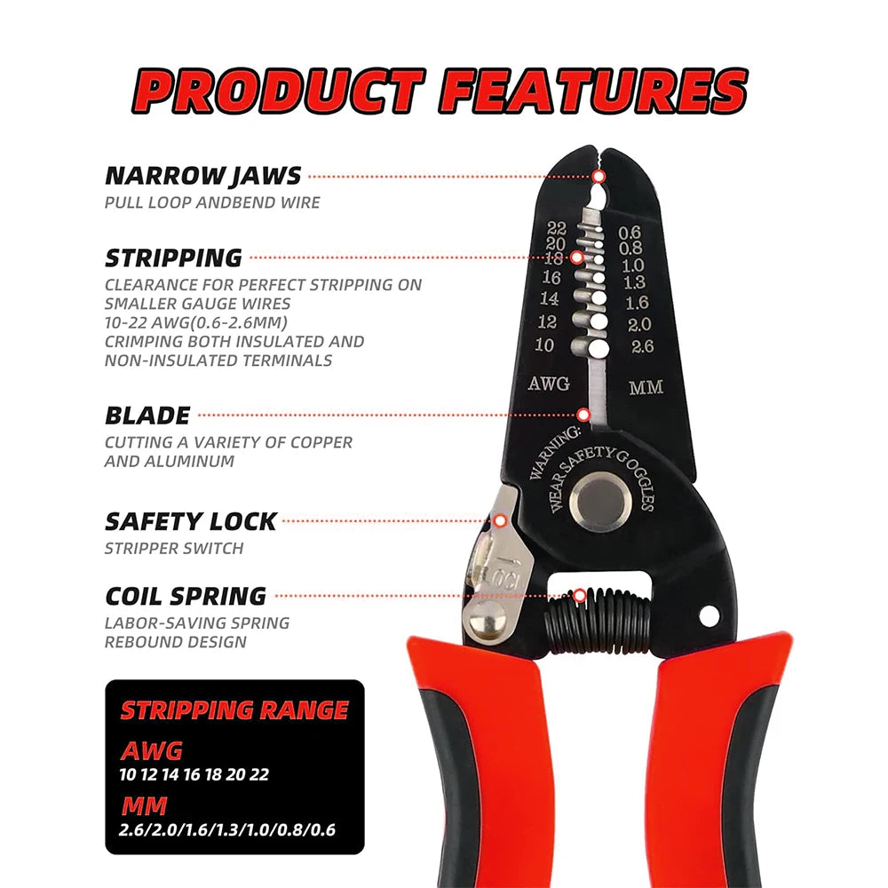 Wire Cutter, Wire Stripper Crimper, Wire Stripping Tool, Cable Stripper, Wiring Tools, Wire Crimping Tool,SafetyLock,Coil Spring