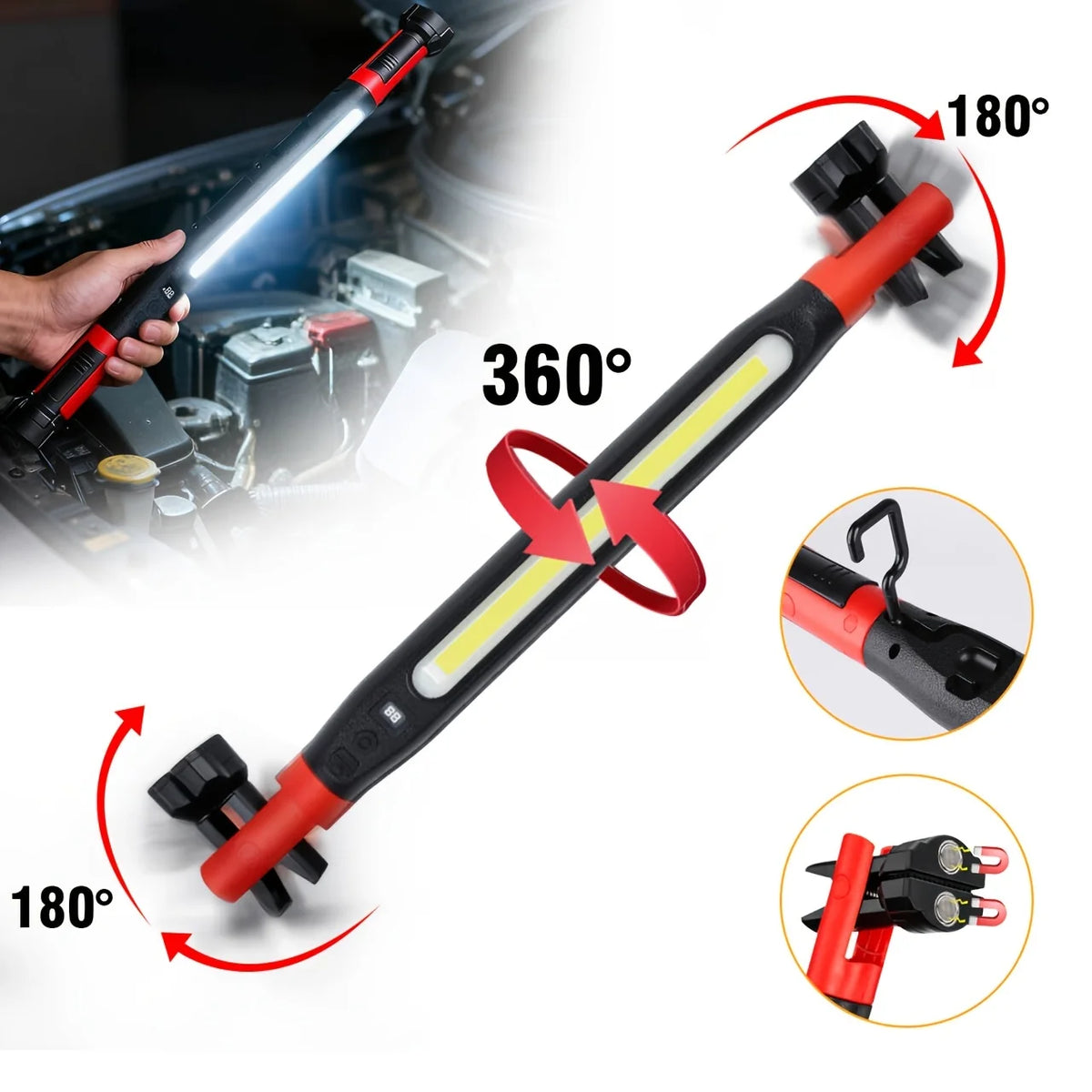 Rechargeable LED Magnetic Work Light with Hooks and Rotating Magnetic Base