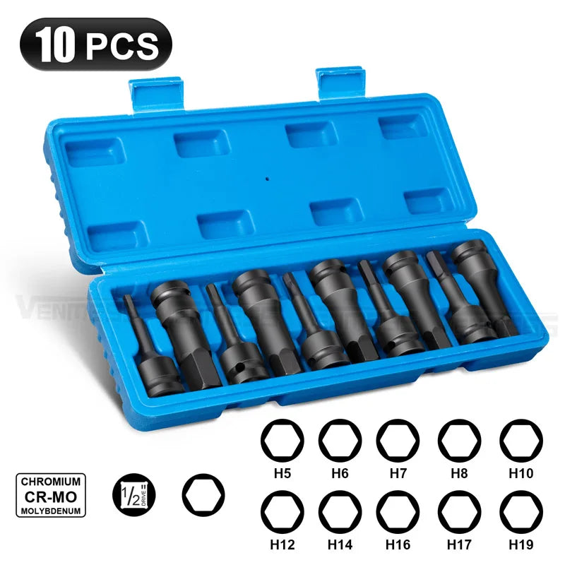 1/2 Inch Drive Master Impact Hex Bit Set Allen Bit Sockets Cr-Mo Steel Metric