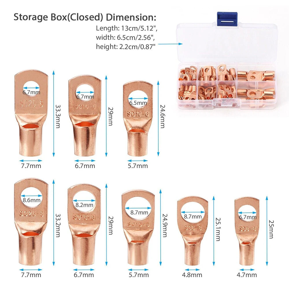 60pcs  Wire Lug Connector Ring Copper Crimping Terminal  O-ring Copper Nose Terminal,  lug battery Cable Terminal Connector Kit