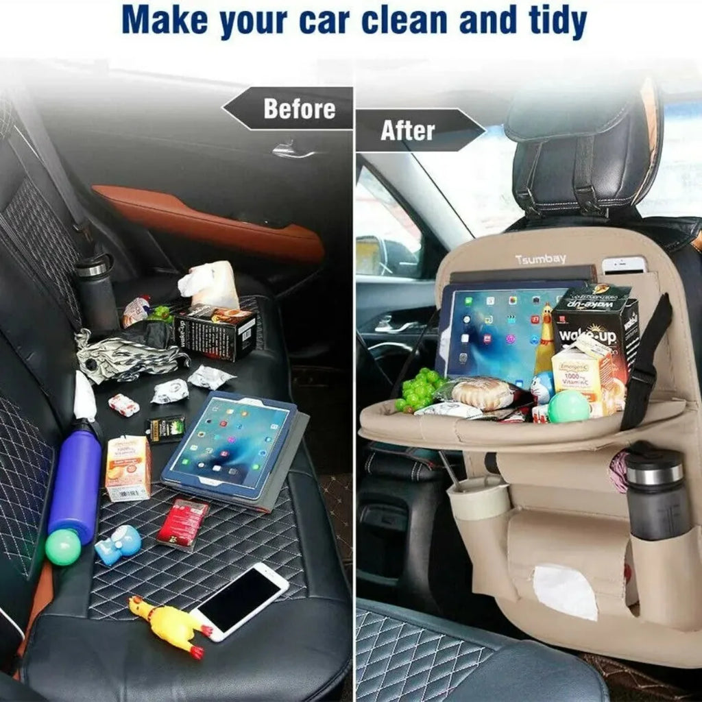 PU Leather Car Seat Back Organizer with Foldable Tray