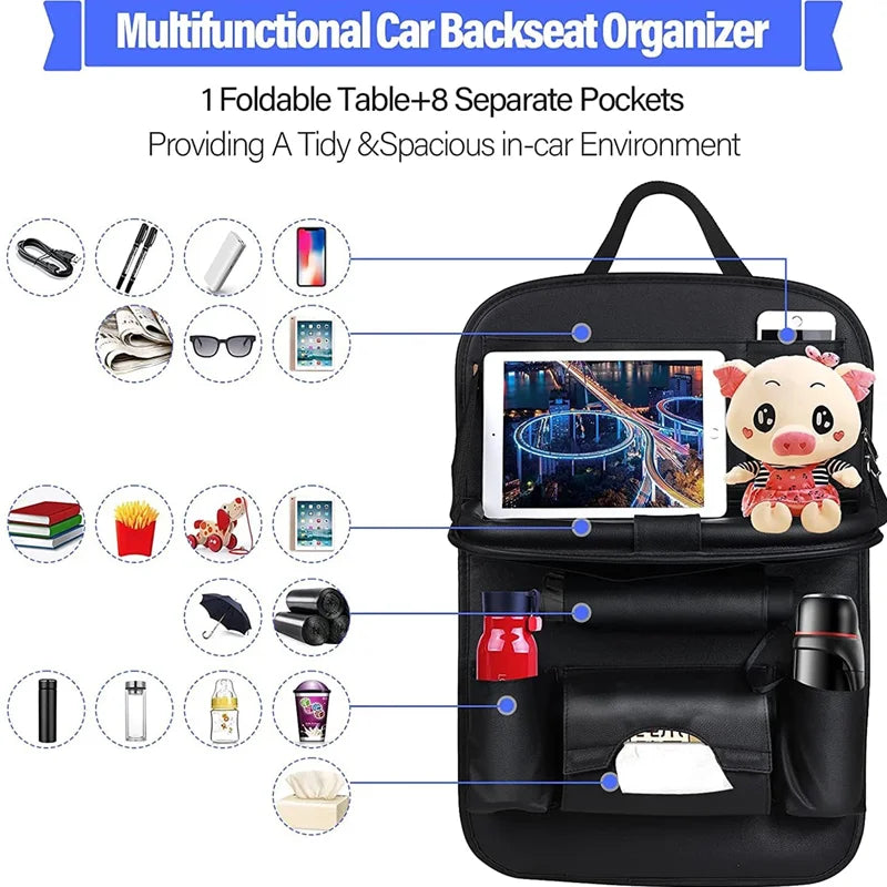 Car Seat Back Organizer with Foldable Table Tray, PU Leather Storage, Pockets, Kick Mats, Interior Accessories