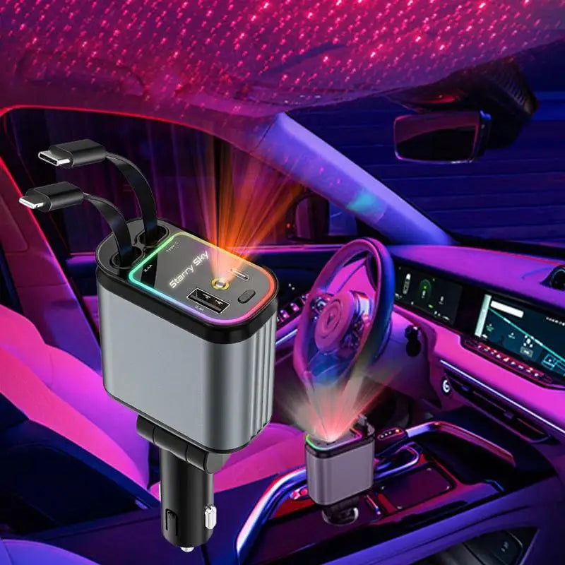 4-in-1 Retractable Car Charger with Starry Sky Light
