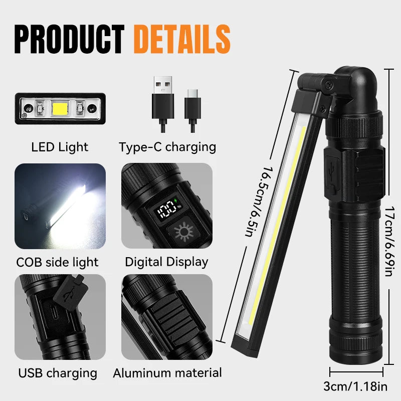Magnetic Work Light All Aluminum and 1500 High Lumens Rechargeable LED Work Light 7 Mode and 360° Rotation Mechanic Light Recha