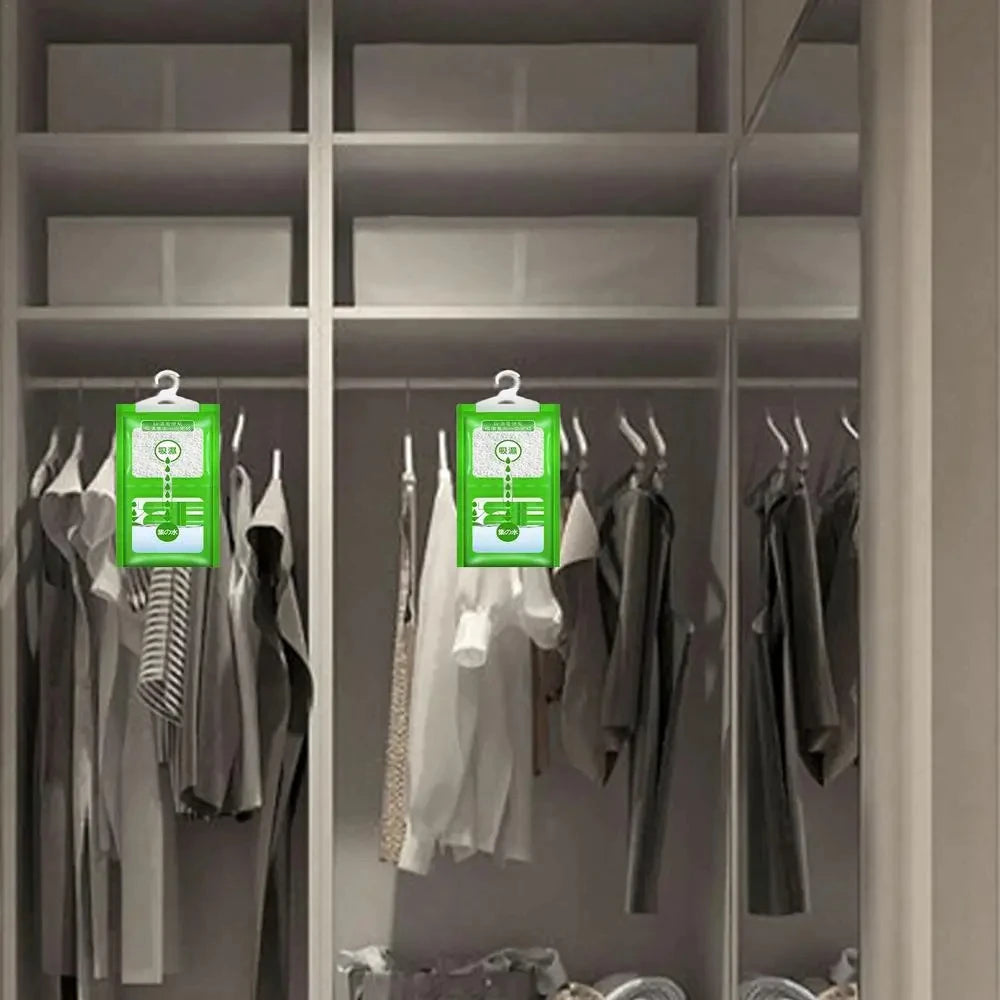 Hanging wardrobe dehumidifier bags, anti-mould moisture absorber for closets