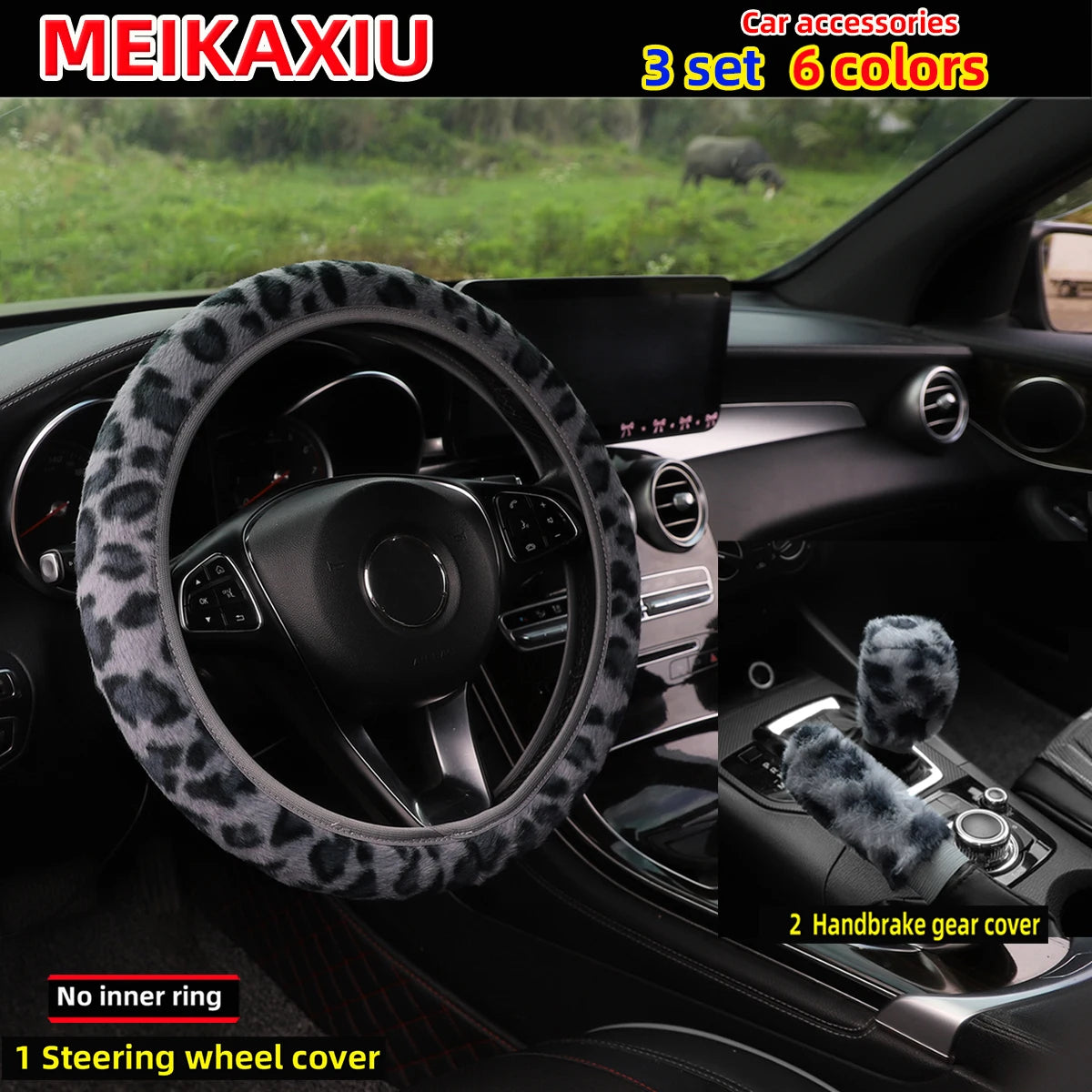Plush Leopard Print Steering Wheel Cover Set, 3 Pieces