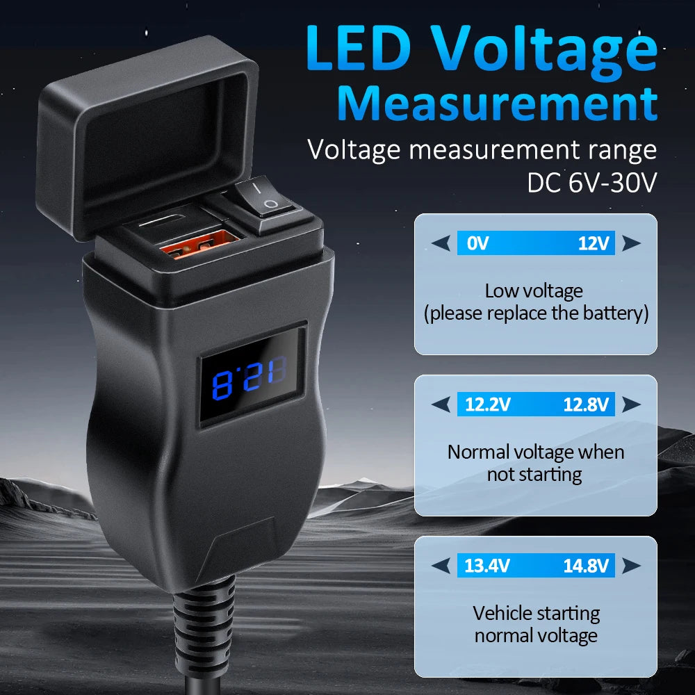 Motorcycle USB Fast Charger Waterproof USB Type C Charger 12V Power Supply Adapter with Switch Voltmeter Socket