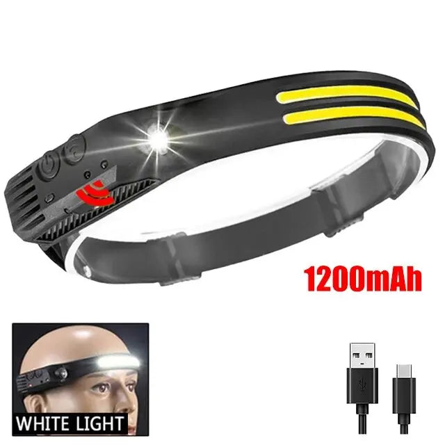 COB LED Motion Sensor Headlamp, USB Rechargeable for Camping & Fishing