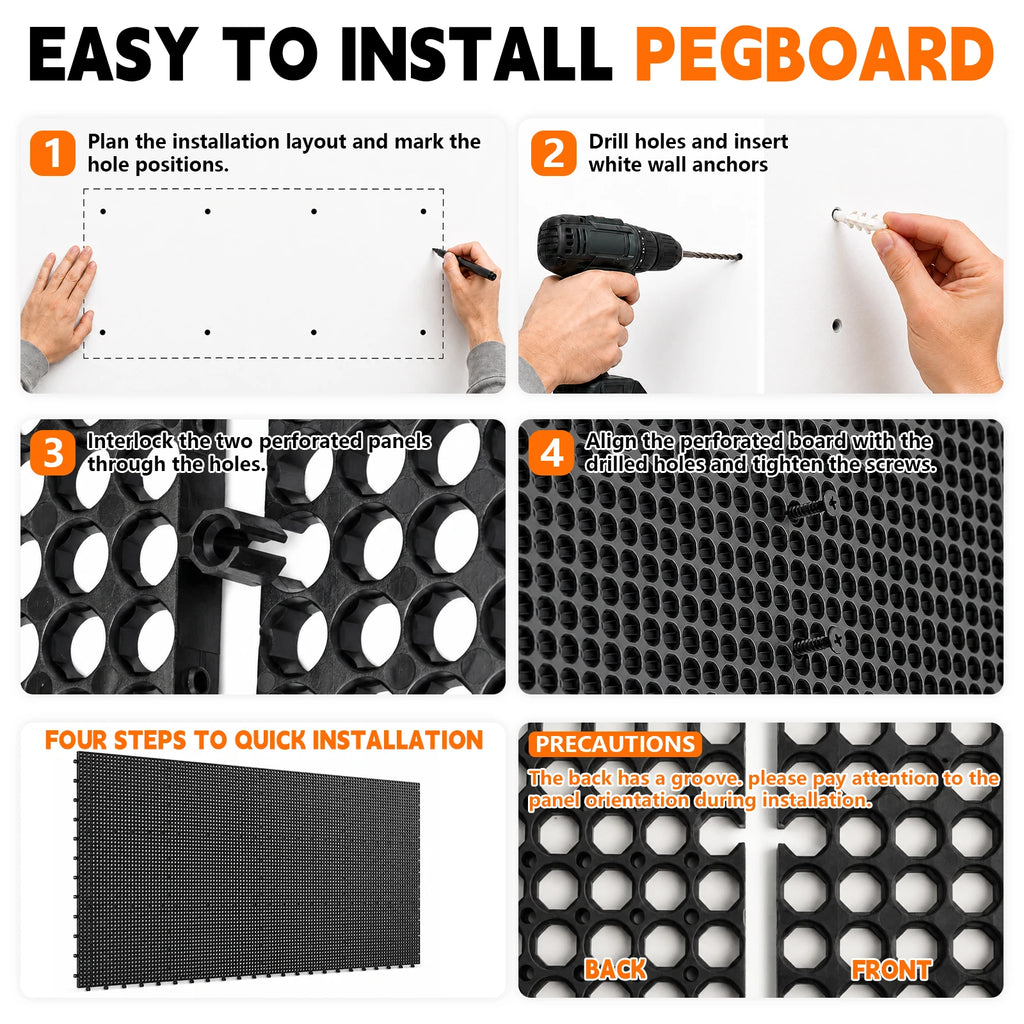 Plastic Pegboard Wall Organizer Kit, 6 Black Panels 91 X 40cm, 200 Accessories with Hooks, Clips & Holders, Modular Tool Storage