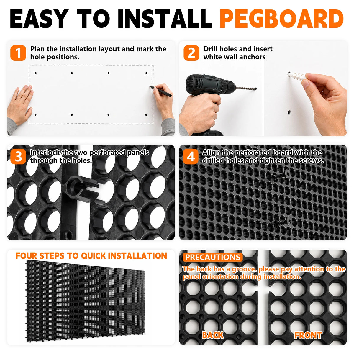 Plastic Pegboard Wall Organizer Kit, 6 Black Panels 91 X 40cm, 200 Accessories with Hooks, Clips & Holders, Modular Tool Storage