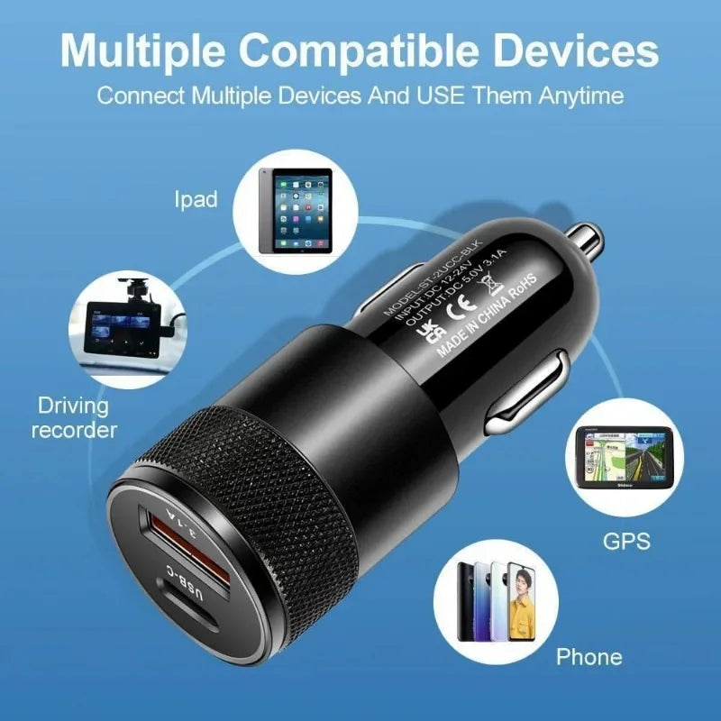 Dual-Port USB C PD Car Charger Adapter, 3.1A
