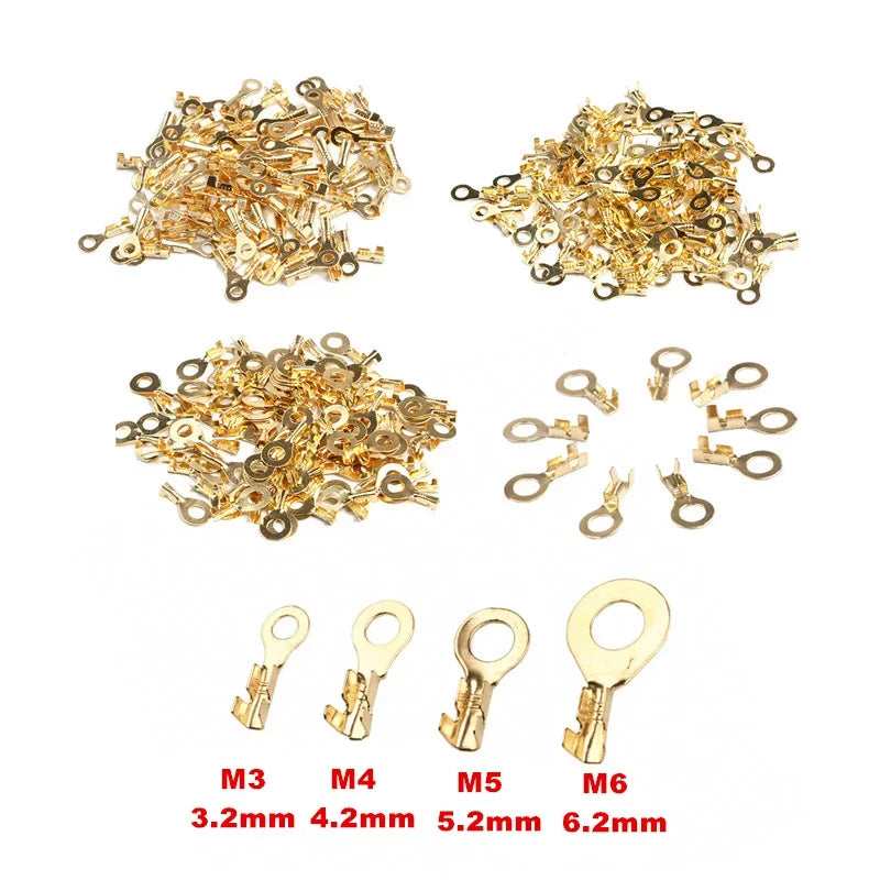 100Pcs 3.2-6.2mm Non-insulated Ring Cable Lugs Terminals Assorted Naked Connector Wire Cable Connectors Brass Terminals Kit
