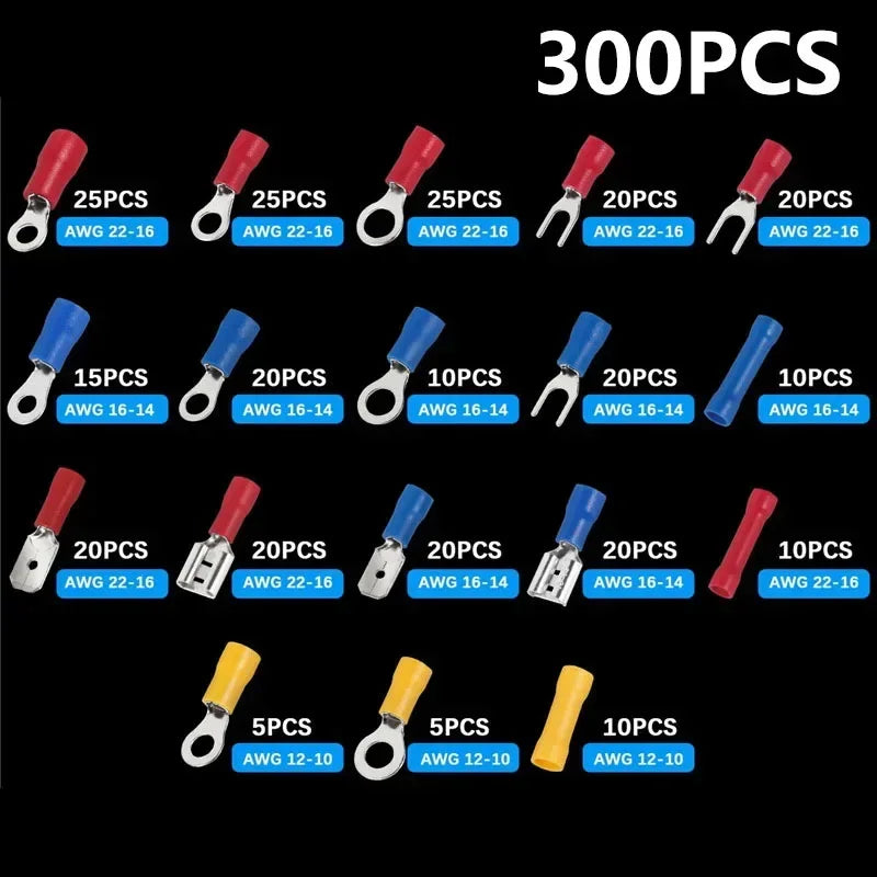 102/300pcs Cable Lug Kit Kit Wire Flat Female and Male Insulated Wire Cable Connector Crimp Terminal Kit