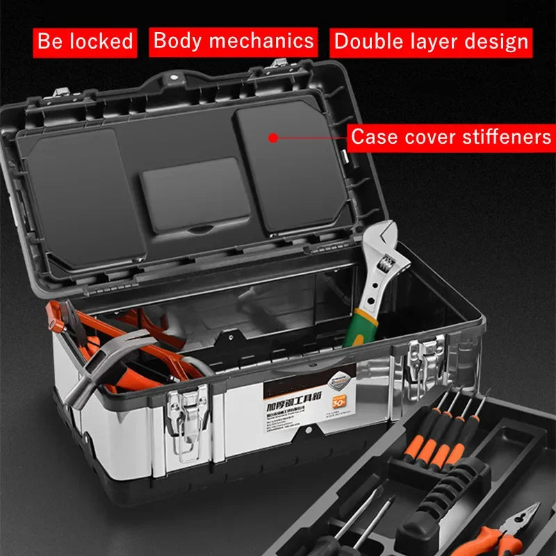 14/17in Tool Box Double Layer Hardware Storage Toolbox Stainless Steel Tool Box Metal Tool Bucket Portable Tool Box Organizer