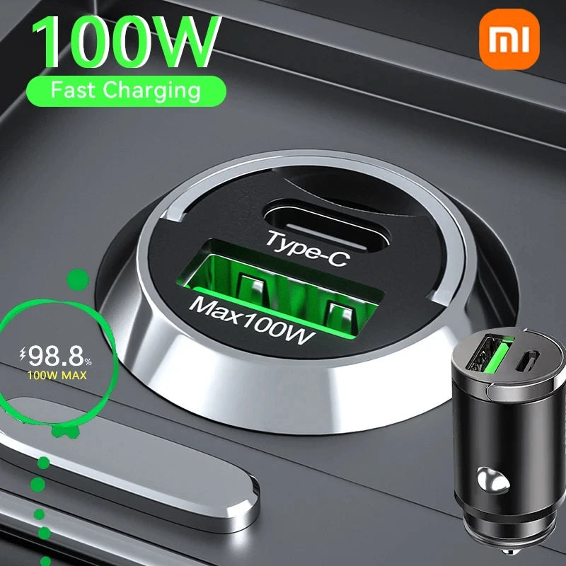 Mini Dual-Port USB and Type-C Car Charger with Pull Ring