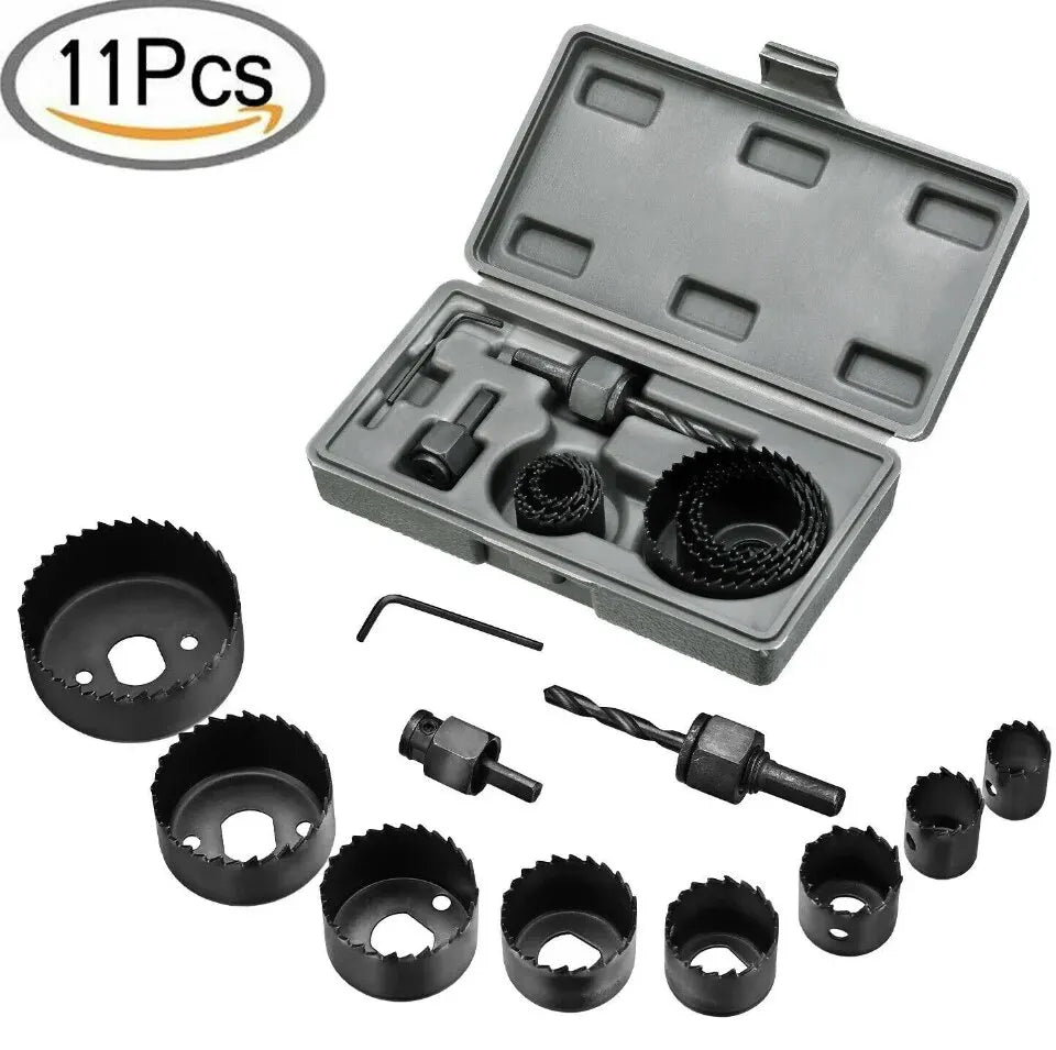 11-Piece Carbon Steel Hole Saw Kit – Wood, PVC & Plastic