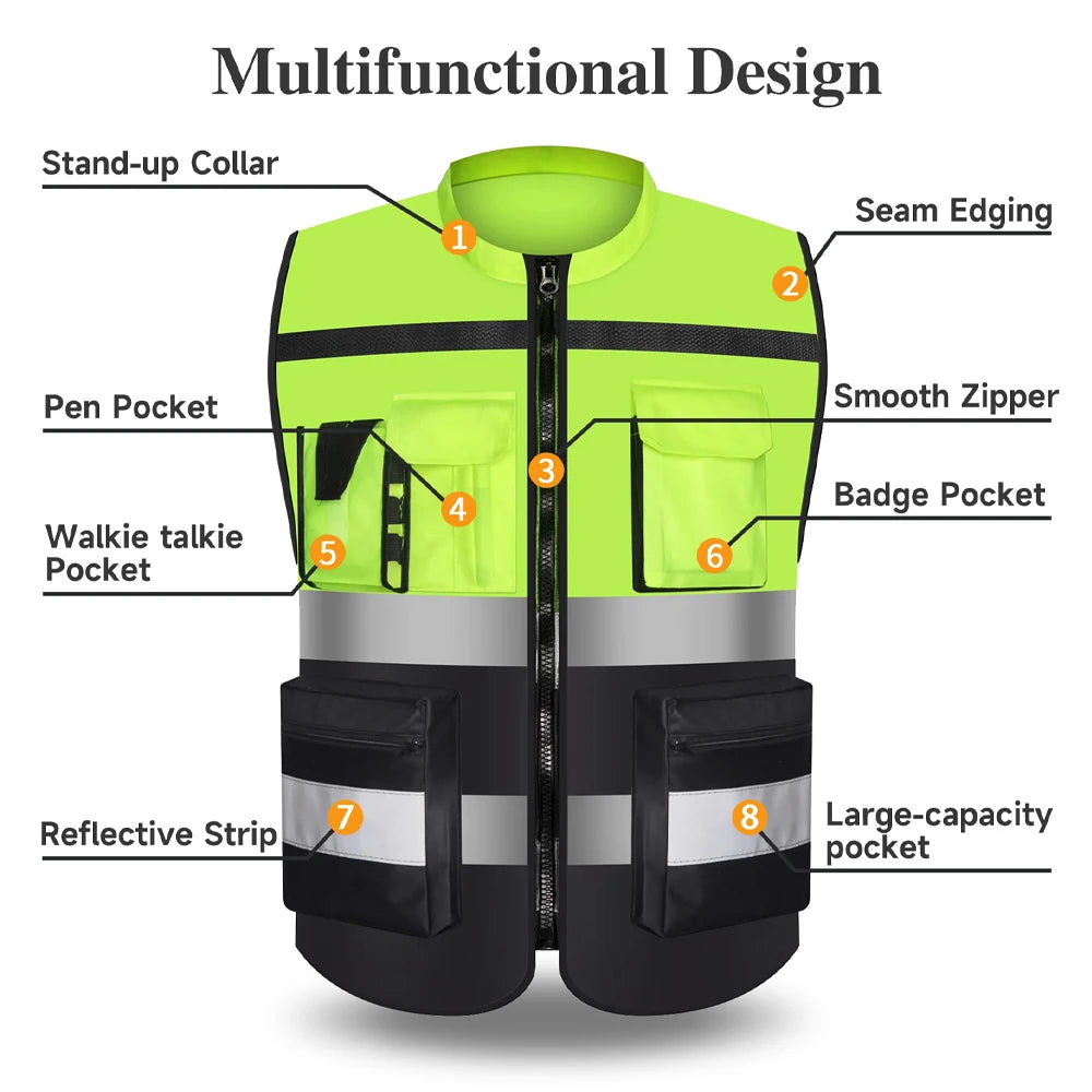 Custom Logo Two-Tone Hi-Vis Safety Vest with Pockets & Zipper - image 3