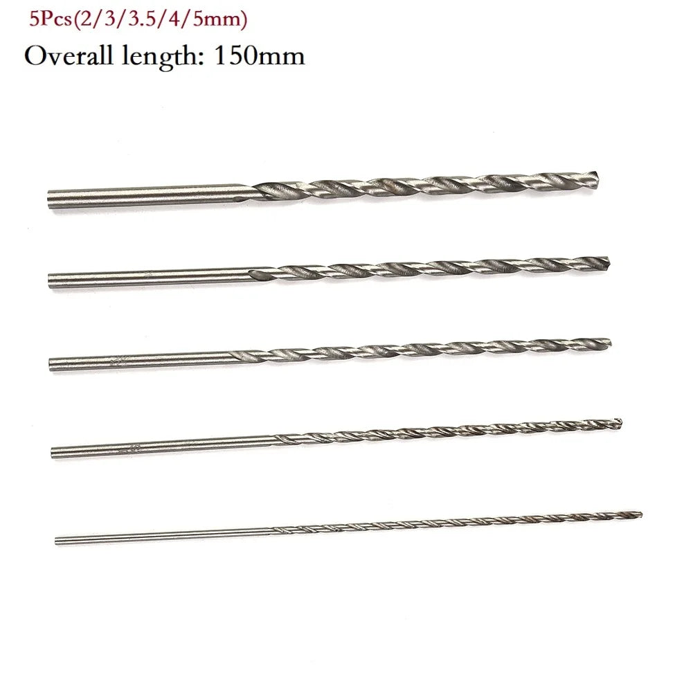 5Pcs Extra Long HSS High Speed Steel 150mm Drill Bit Set 2mm/3mm,3.5mm,4mm,5mm Bits For Wood, Aluminum, Plastic