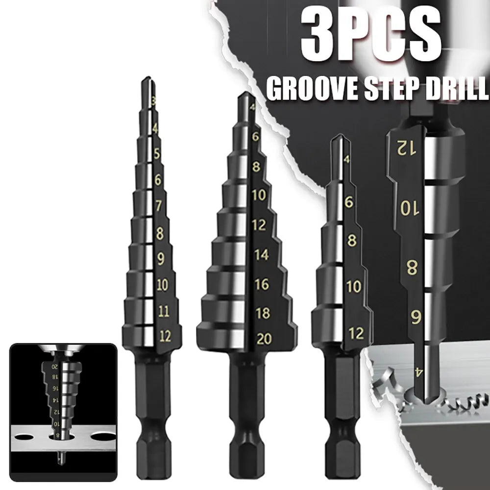 3Pcs HSS Step Drill Bit Set 3-12/4-12/4-20mm Hex Shank Wood Metal