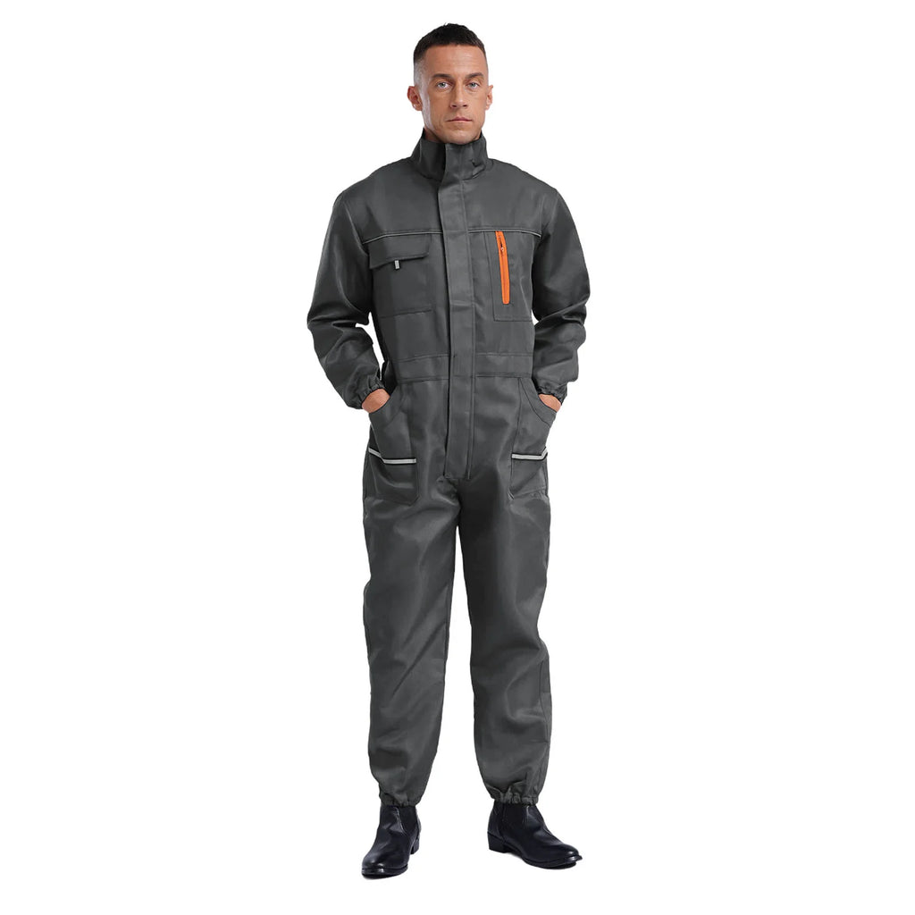 Men Resistant Coveralls Work Uniforms for Factory Workshop Stand Collar Long Sleeve Multi-pockets One-piece Jumpsuit Worker Wear