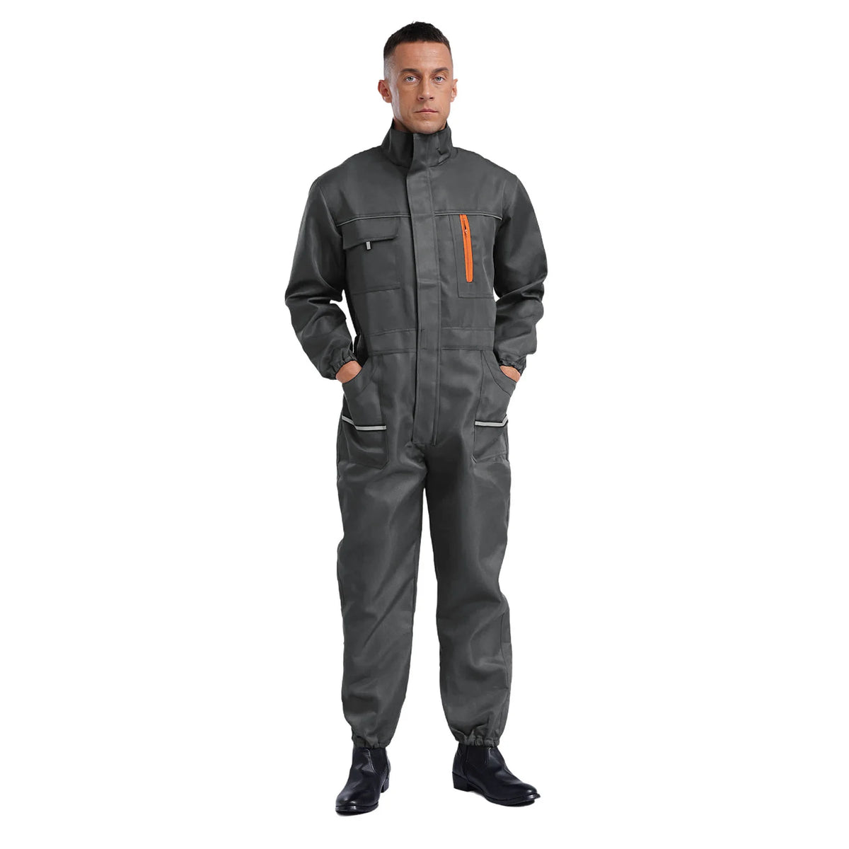 Men Resistant Coveralls Work Uniforms for Factory Workshop Stand Collar Long Sleeve Multi-pockets One-piece Jumpsuit Worker Wear