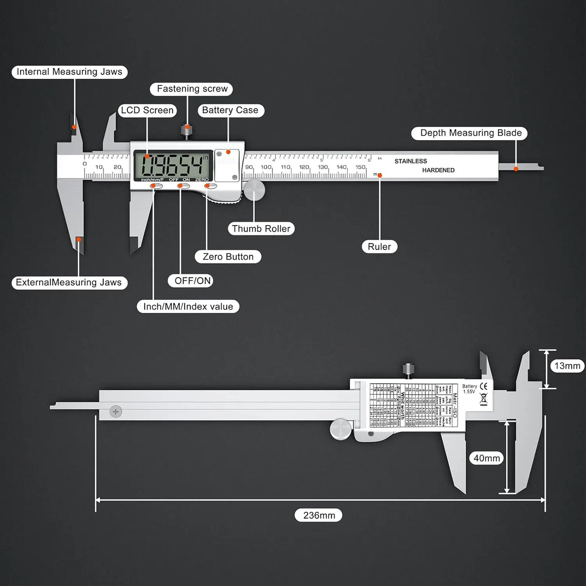 6" Digital Stainless Caliper: Large LCD Screen, Auto-Off, Splash-Proof, Converts Inch/Metric/Fraction (150-200mm)