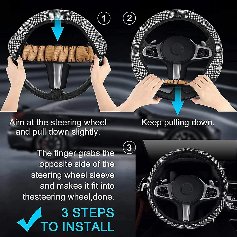 38cm Rhinestone Steering Wheel Cover with Anti-Slip Inner Ring