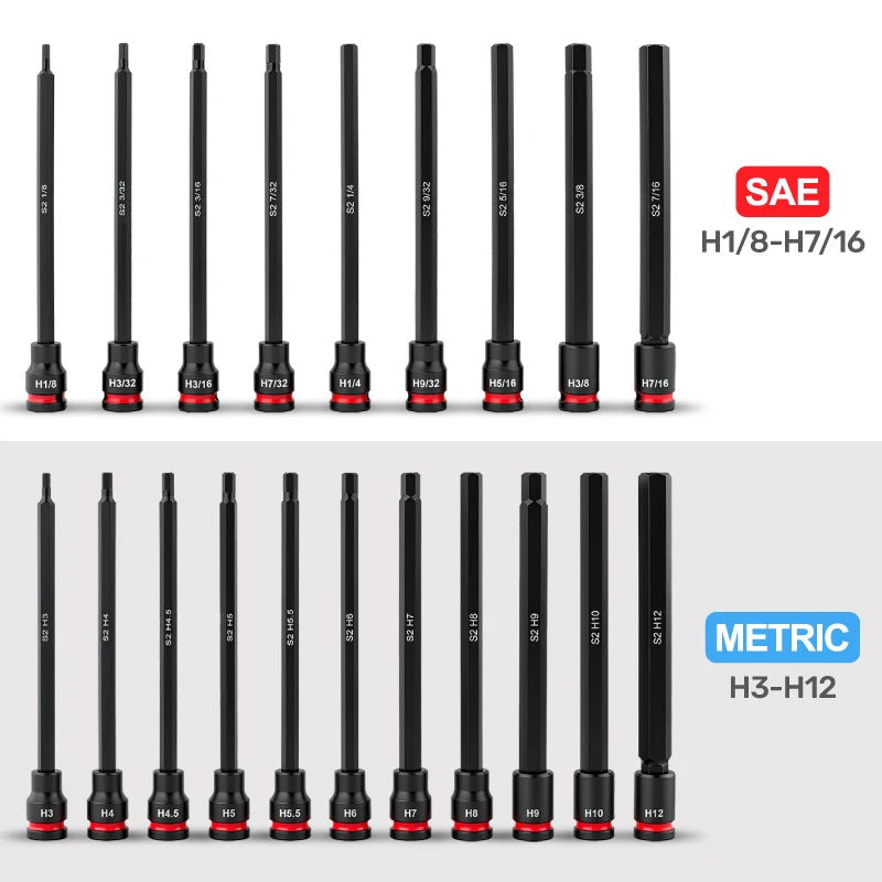 3/8 Impact Socket Set, Wrench Socket Hex Socket Set with S2 Bits and CR-V Sockets, Torx Bit Long Socket