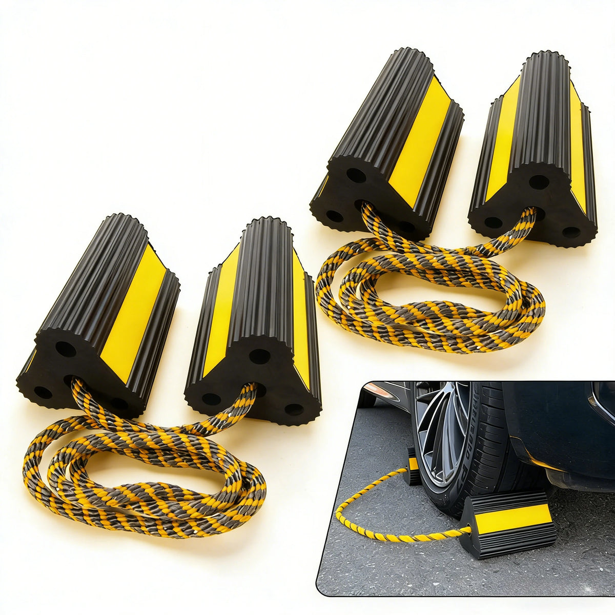 Heavy Duty Rubber Wheel Chocks Yellow Reflective Stripes for Small Airplane RV Truck Trailer