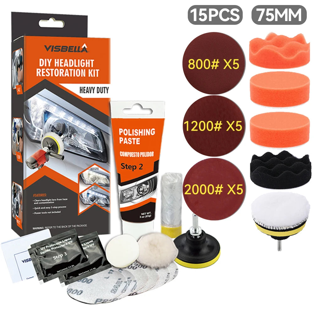 Car Headlight Restoration Kit with Polishing Paste, Sanding & Wax