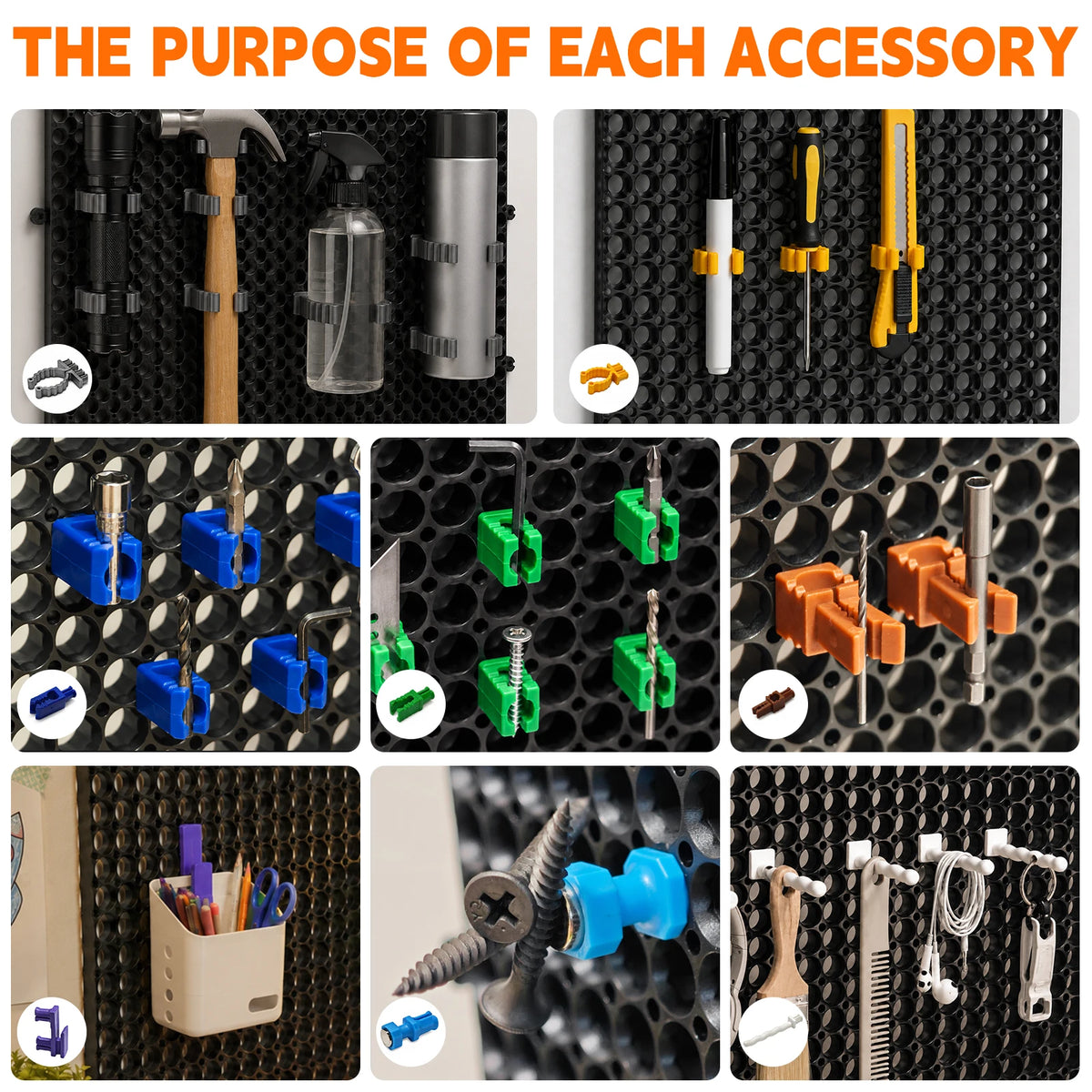Plastic Pegboard Wall Organizer Kit, 6 Black Panels 91 X 40cm, 200 Accessories with Hooks, Clips & Holders, Modular Tool Storage