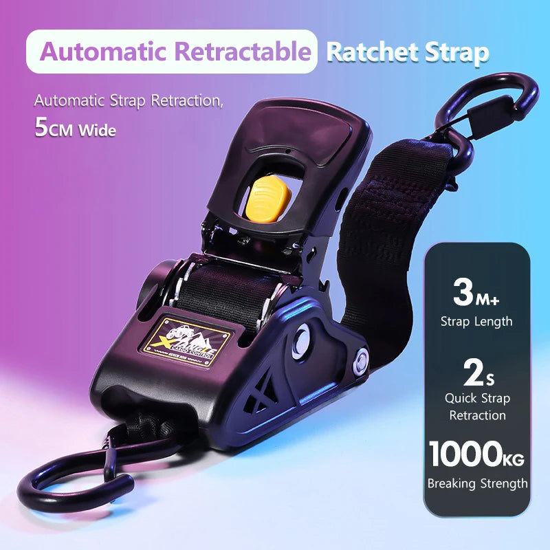 Heavy Duty Automatic Retractable Ratchet Strap 3.3m 680kg Quick Release S-Hook for Motorcycle
