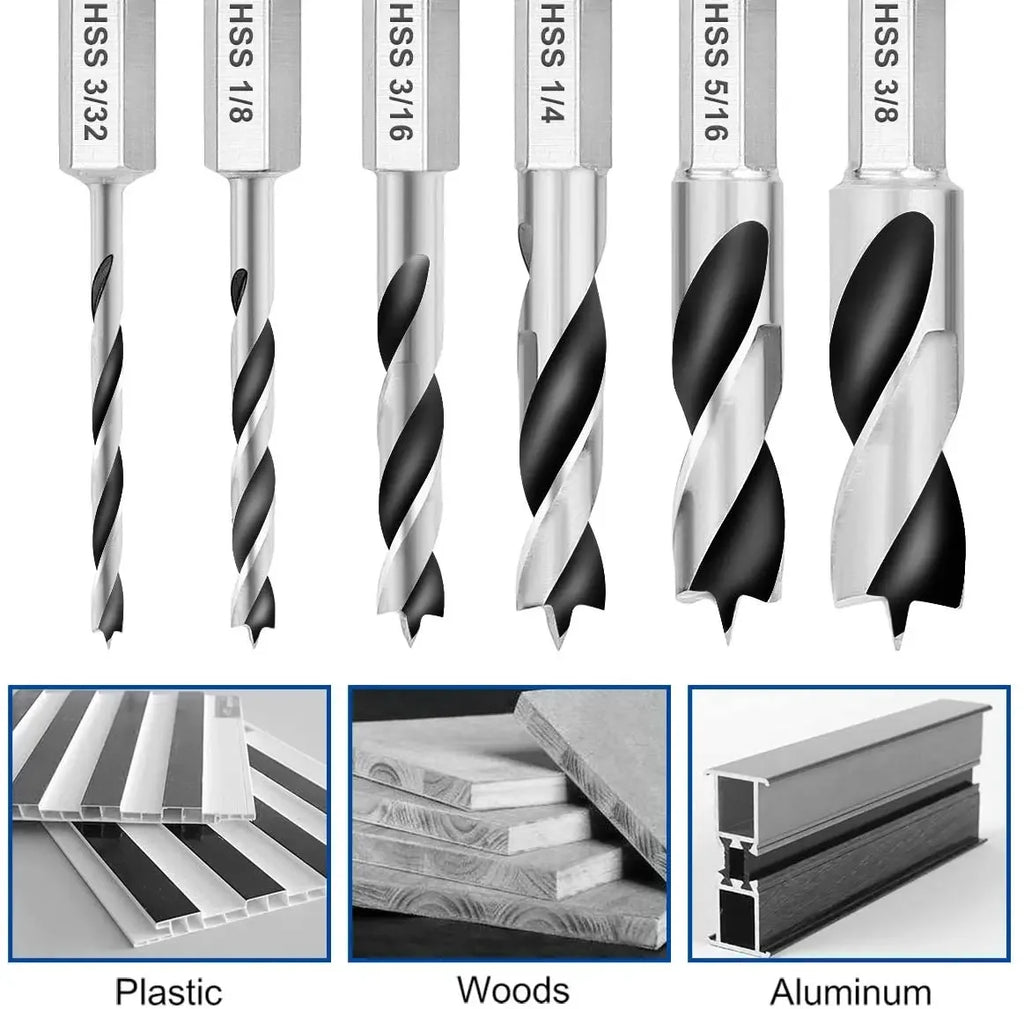 5/6pcs HSS SAE Brad Three Point Stubby Drill Bit Set for Wood With 1/4-Inch Quick Change Hex Shank 3/32 1/8 3/16 1/4 5/16 3/8